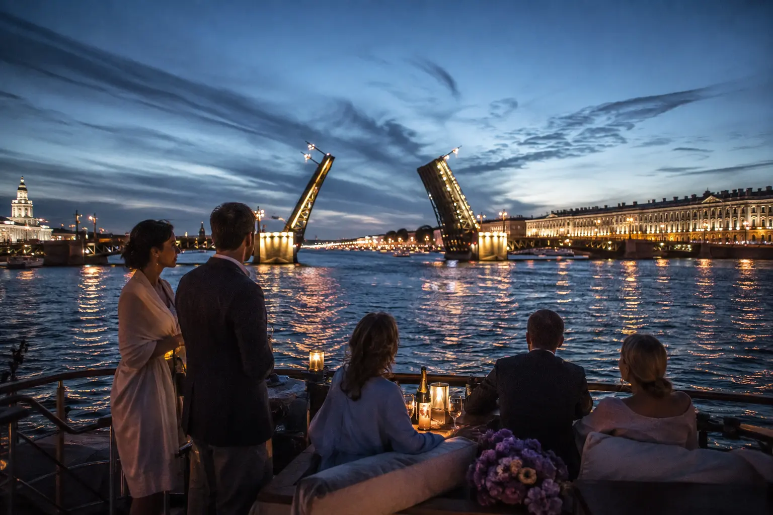 Белые ночи на воде у разведённого моста